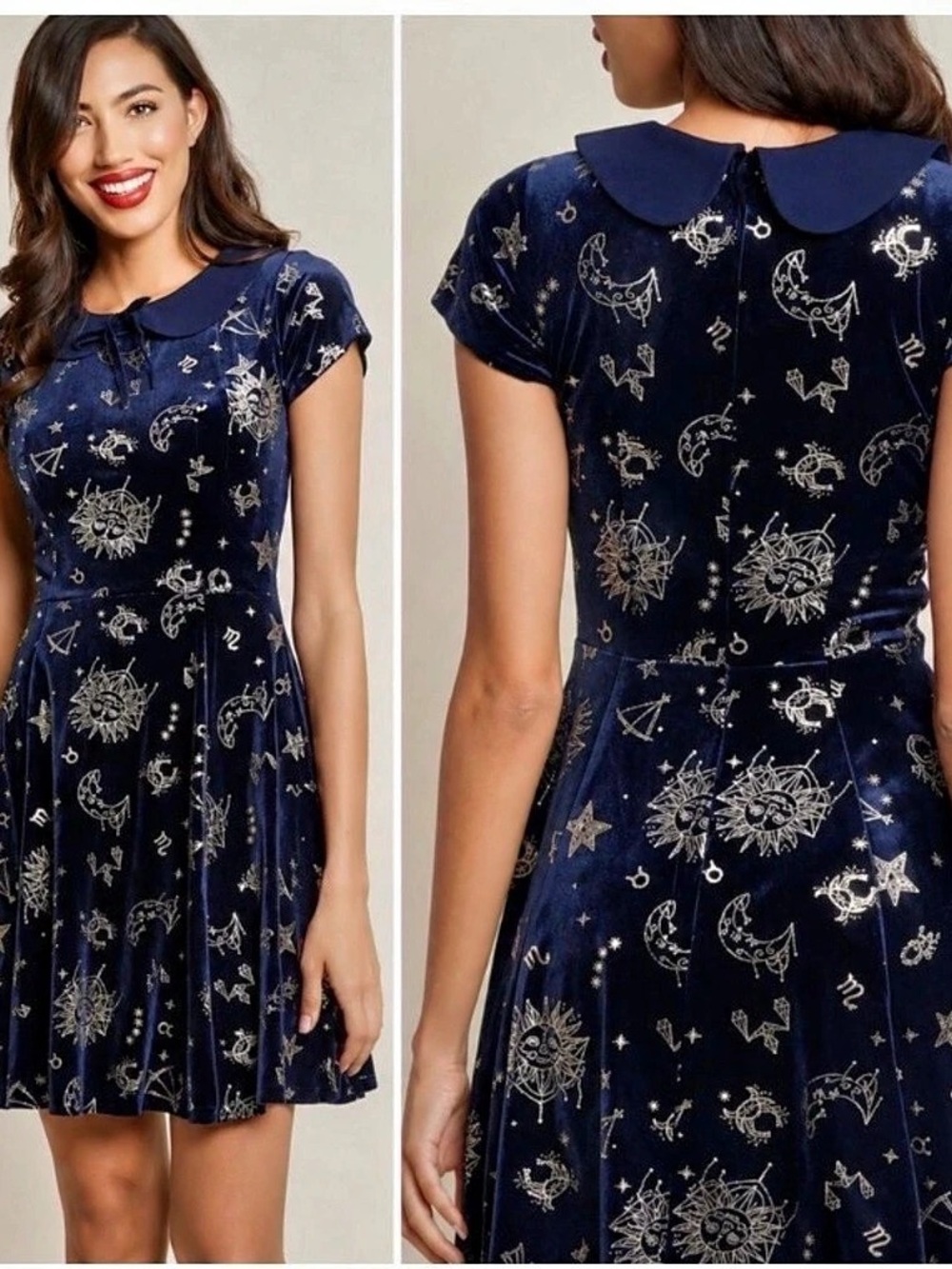 ModCloth x Collectif “Florence” Velvet Skater Dress in Navy and Silver